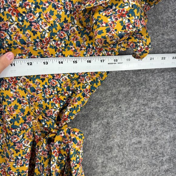 Max Studio Wrap Dress Women S Small Yellow Floral Midi Tasseled Belted V-Neck - Picture 5 of 7
